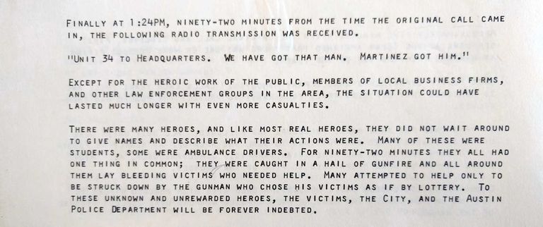 Typewritten excerpt from the 1966 Austin Police Department annual report quoting the radio call Martinez got him